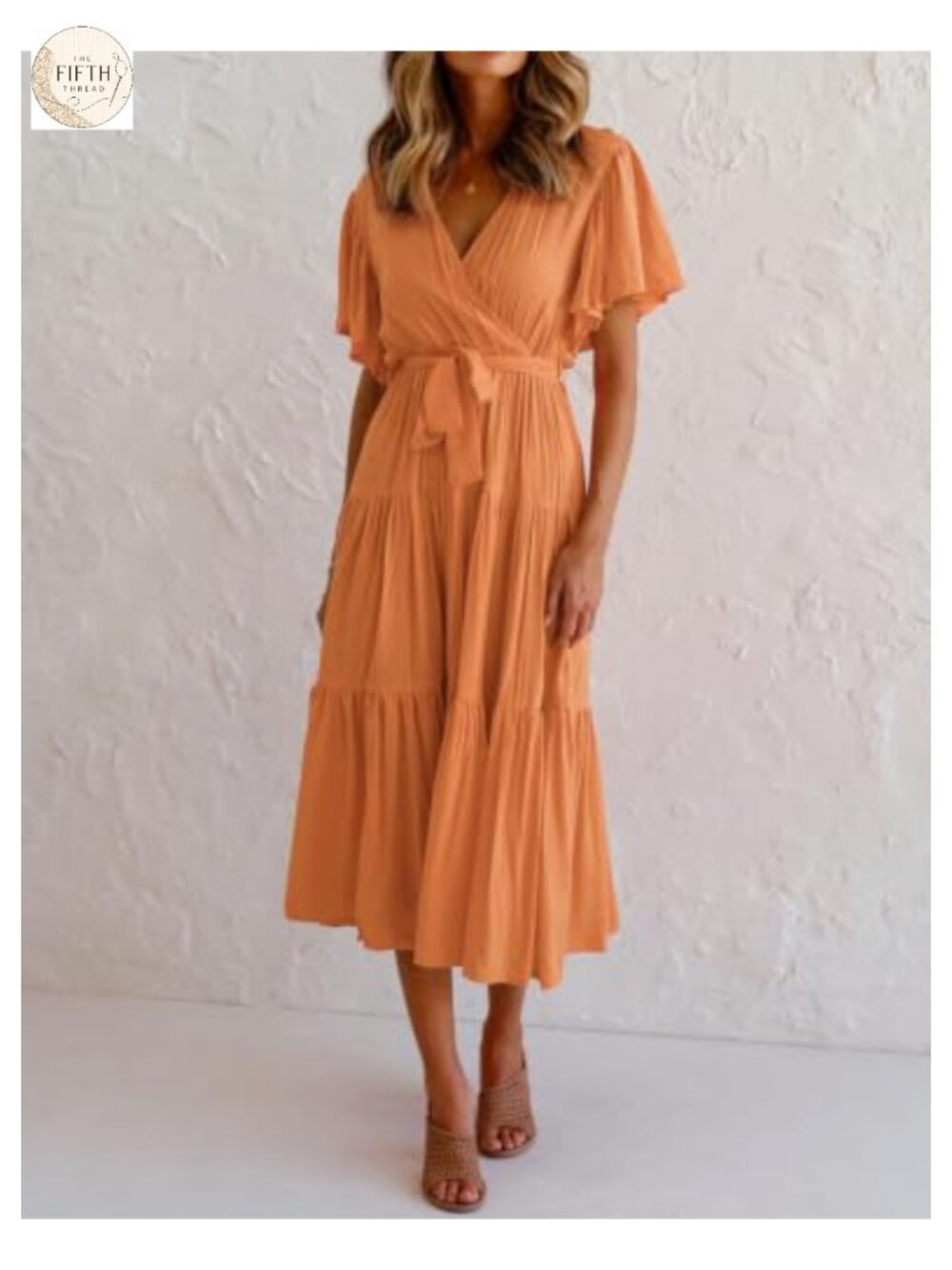 Ruffle Sleeve A-Line Midi Dress V-Neck Flowy Summer Casual